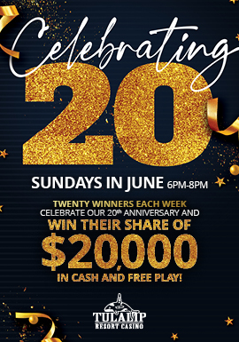 Celebrate our 20th anniversary and win your share of $20,000 in cash and Free Play every Sunday!