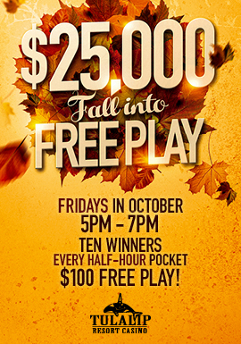 Every 30 minutes, 10 lucky winners will fall into $100 Free Play automatically loaded to their account!