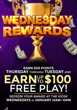 Wednesday Rewards Wednesdays in January at Tulalip Resort Casino 10AM-10PM. Earn up to $100 Free Play! Just play slots Thursday through Tuesday: the more you play, the more you earn! 